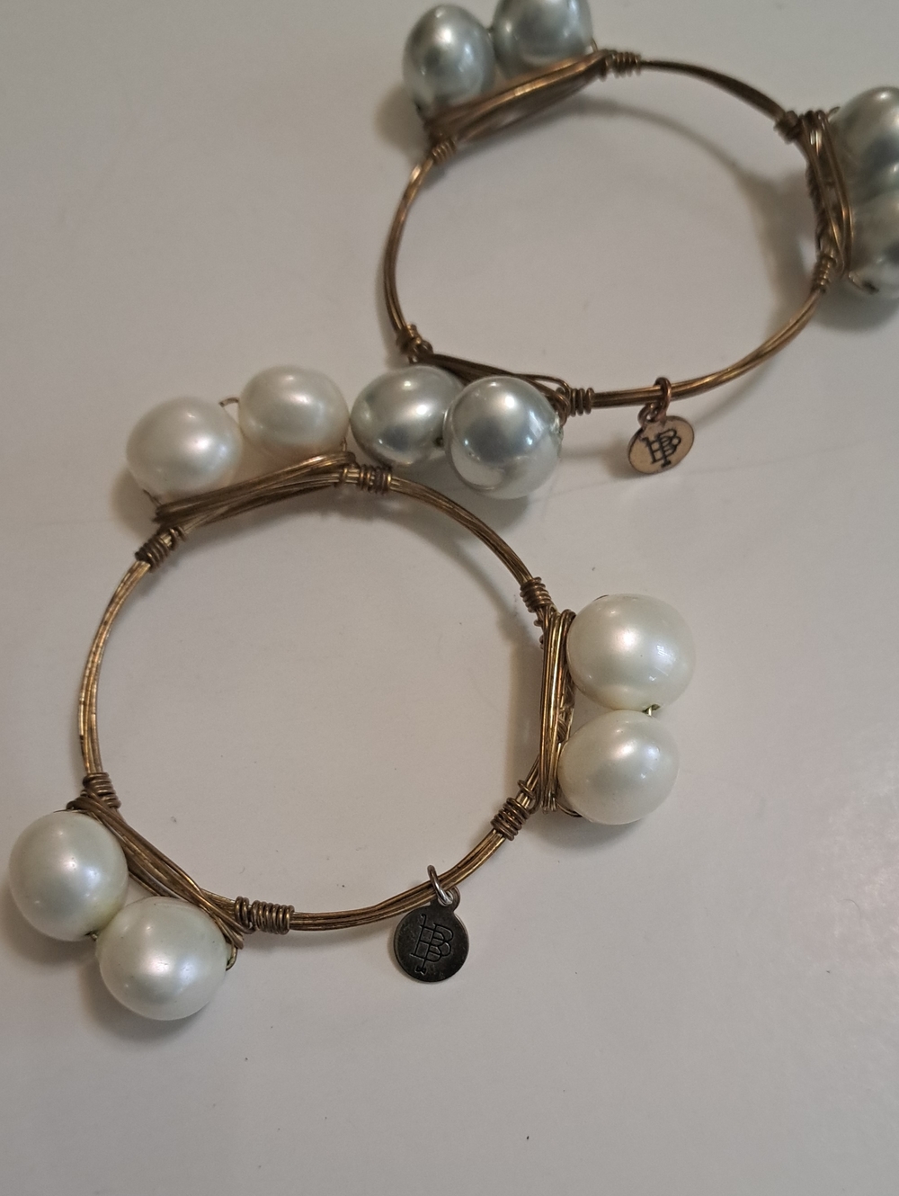 Pearl Cluster Wire Bangle Bracelet - White Pearls